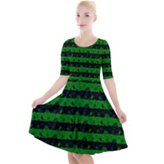 Alien Green And Black Halloween Nightmare Stripes  Quarter Sleeve A-line Dress by PodArtist