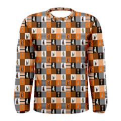 Witches, Monsters And Ghosts Halloween Orange And Black Patchwork Quilt Squares Men s Long Sleeve Tee by PodArtist