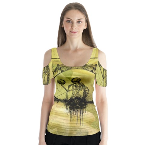 Awesome Creepy Skeleton With Skull Butterfly Sleeve Cutout Tee  by FantasyWorld7