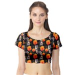 Girl With Roses And Anchors Black Short Sleeve Crop Top
