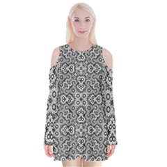 Geometric Stylized Floral Pattern Velvet Long Sleeve Shoulder Cutout Dress by dflcprints