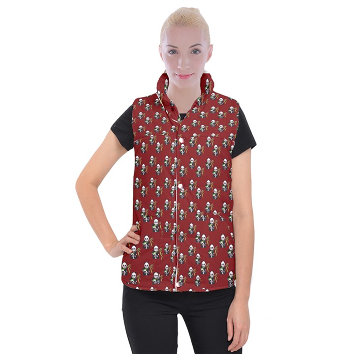 Panda With Bamboo Red Women s Button Up Vest