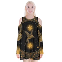 Wonderful Hummingbird With Stars Velvet Long Sleeve Shoulder Cutout Dress by FantasyWorld7