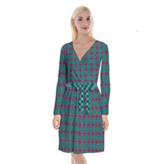 Mod Teal Red Circles Pattern Long Sleeve Velvet Front Wrap Dress by BrightVibesDesign