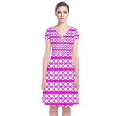 Circles Lines Bright Pink Modern Pattern Short Sleeve Front Wrap Dress by BrightVibesDesign
