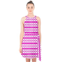 Circles Lines Bright Pink Modern Pattern Halter Collar Waist Tie Chiffon Dress by BrightVibesDesign