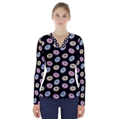 Donuts Pattern V-neck Long Sleeve Top by Valentinaart