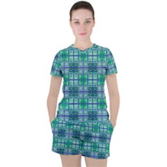 Mod Blue Green Square Pattern Women s Tee And Shorts Set