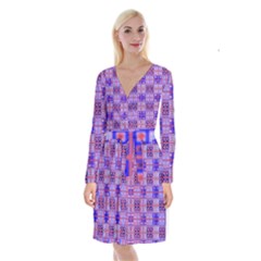 Mod Purple Pink Orange Squares Pattern Long Sleeve Velvet Front Wrap Dress by BrightVibesDesign