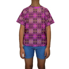 Mod Pink Purple Yellow Square Pattern Kids  Short Sleeve Swimwear by BrightVibesDesign
