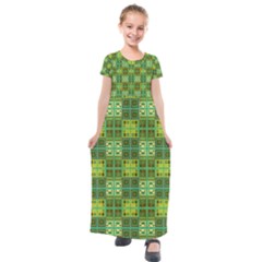 Mod Yellow Green Squares Pattern Kids  Short Sleeve Maxi Dress