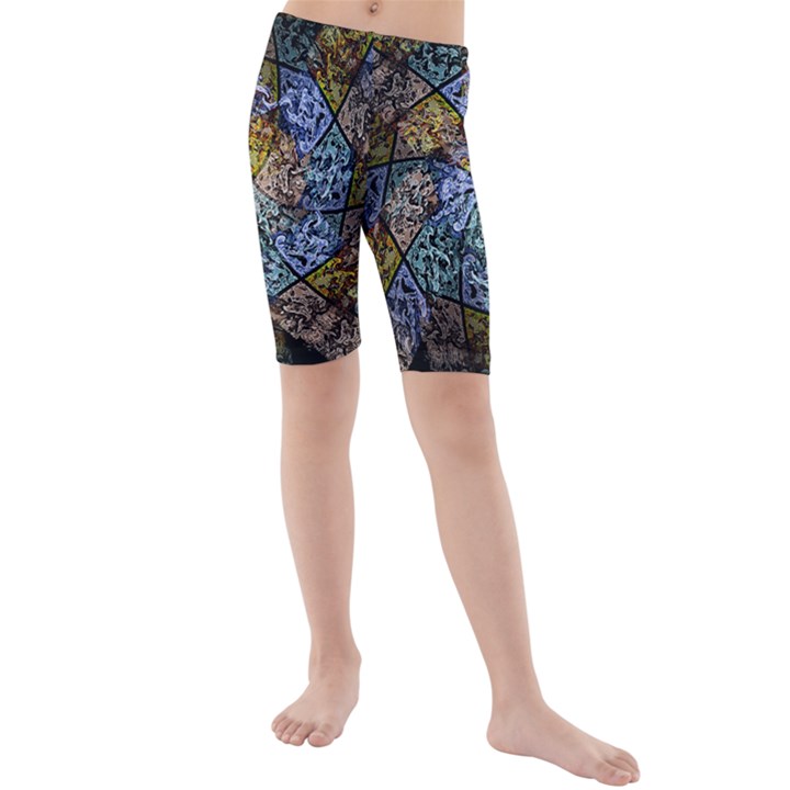 Multi Color Tile Twirl Octagon Kids  Mid Length Swim Shorts