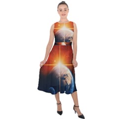 Earth Globe Planet Space Universe Midi Tie-back Chiffon Dress by Celenk