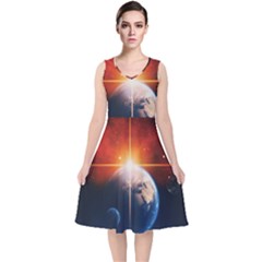 Earth Globe Planet Space Universe V-neck Midi Sleeveless Dress  by Celenk
