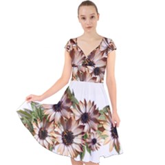 Sun Daisies Leaves Flowers Cap Sleeve Front Wrap Midi Dress by Celenk