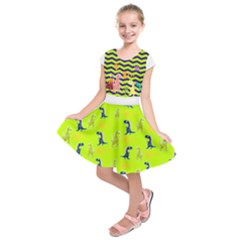 Green Yellow & Purple Zigzag Dinosaur Pattern Kids  Short Sleeve Dress by PattyVilleDesigns