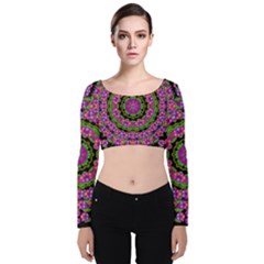 Flowers And More Floral Dancing A Power Peace Dance Velvet Long Sleeve Crop Top by pepitasart