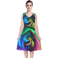 Rainbow Rose 17 V-neck Midi Sleeveless Dress  by bloomingvinedesign