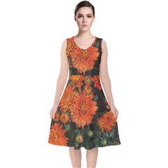 Orange Fall Mums V-neck Midi Sleeveless Dress  by bloomingvinedesign