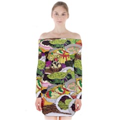 Eat Food Background Art Color Long Sleeve Off Shoulder Dress by Sapixe