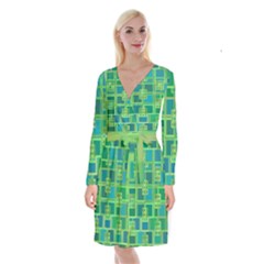 Green Abstract Geometric Long Sleeve Velvet Front Wrap Dress