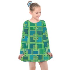 Green Abstract Geometric Kids  Long Sleeve Dress