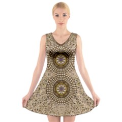 Moon Shine Over The Wood In The Night Of Glimmering Pearl Stars V-neck Sleeveless Dress by pepitasart