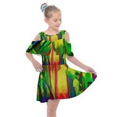 Abstract Vibrant Colour Botany Kids  Shoulder Cutout Chiffon Dress