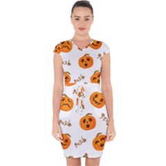 Funny Spooky Halloween Pumpkins Pattern White Orange Capsleeve Drawstring Dress  by HalloweenParty