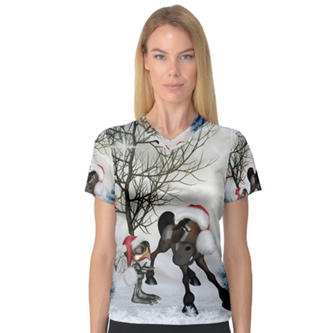 Christmas, Cute Bird With Horse V-neck Sport Mesh Tee by FantasyWorld7