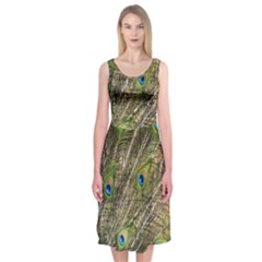Peacock Feathers Color Plumage Green Midi Sleeveless Dress by Sapixe
