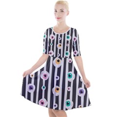 Pattern Eyeball Black And White Naive Stripes Gothic Halloween Quarter Sleeve A-line Dress by genx