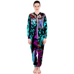 Graffiti Woman And Monsters Turquoise Cyan And Purple Bright Urban Art With Stars Onepiece Jumpsuit (ladies)  by genx