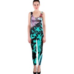 Graffiti Woman And Monsters Turquoise Cyan And Purple Bright Urban Art With Stars One Piece Catsuit by genx