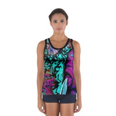 Graffiti Woman And Monsters Turquoise Cyan And Purple Bright Urban Art With Stars Sport Tank Top  by genx