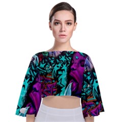 Graffiti Woman And Monsters Turquoise Cyan And Purple Bright Urban Art With Stars Tie Back Butterfly Sleeve Chiffon Top by genx