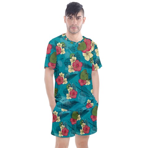 Apu Apustaja And Groyper Pepe The Frog Frens Hawaiian Shirt With Red Hibiscus On Green Background From Kekistan Men s Mesh Tee And Shorts Set by snek
