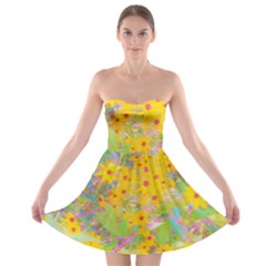 Pretty Yellow And Red Flowers With Turquoise Strapless Bra Top Dress by myrubiogarden