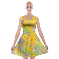 Pretty Yellow And Red Flowers With Turquoise Velvet Skater Dress by myrubiogarden