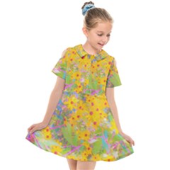 Pretty Yellow And Red Flowers With Turquoise Kids  Short Sleeve Shirt Dress by myrubiogarden