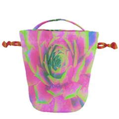 Lime Green And Pink Succulent Sedum Rosette Drawstring Bucket Bag by myrubiogarden