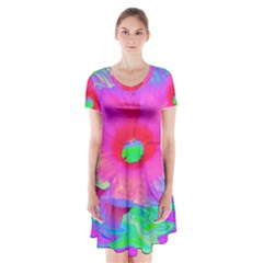 Psychedelic Pink And Red Hibiscus Flower Short Sleeve V-neck Flare Dress by myrubiogarden