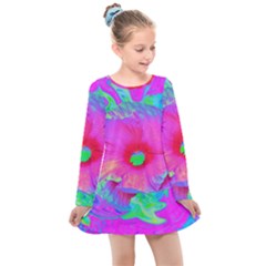 Psychedelic Pink And Red Hibiscus Flower Kids  Long Sleeve Dress by myrubiogarden