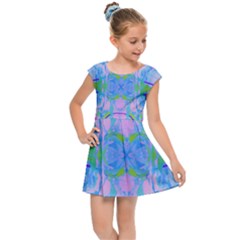 Pink And Purple Dahlia On Blue Pattern Kids Cap Sleeve Dress