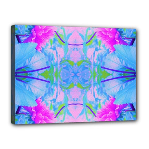 Pink And Purple Dahlia On Blue Pattern Canvas 16  X 12  (stretched) by myrubiogarden