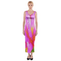 Fiery Hot Pink And Yellow Cactus Dahlia Flower Fitted Maxi Dress by myrubiogarden