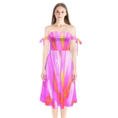 Fiery Hot Pink And Yellow Cactus Dahlia Flower Shoulder Tie Bardot Midi Dress by myrubiogarden
