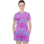 Perfect Hot Pink And Light Blue Rose Detail Women s Tee and Shorts Set