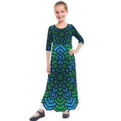 Green Blue Mandala Vector Kids  Quarter Sleeve Maxi Dress by Alisyart