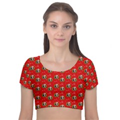 Trump Wrait Pattern Make Christmas Great Again Maga Funny Red Gift With Snowflakes And Trump Face Smiling Velvet Short Sleeve Crop Top  by snek